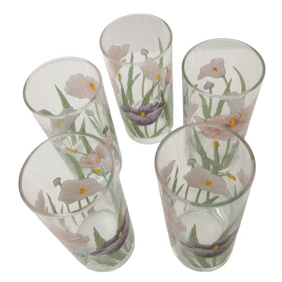 Vtg Pasabahce Fleury Pink and Purple Poppie Juice Tumblers Set of 5 - Picture 2 of 3